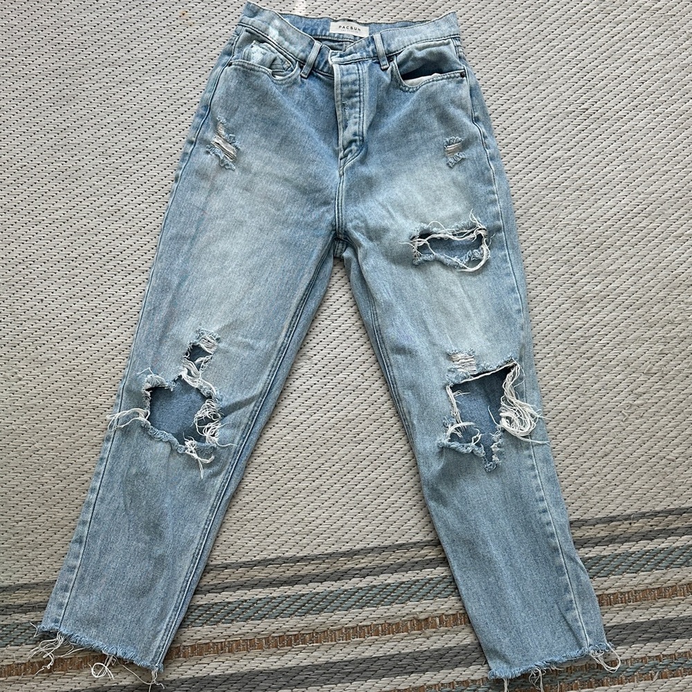 Zara Light Blue Distressed Straight Leg Jeans